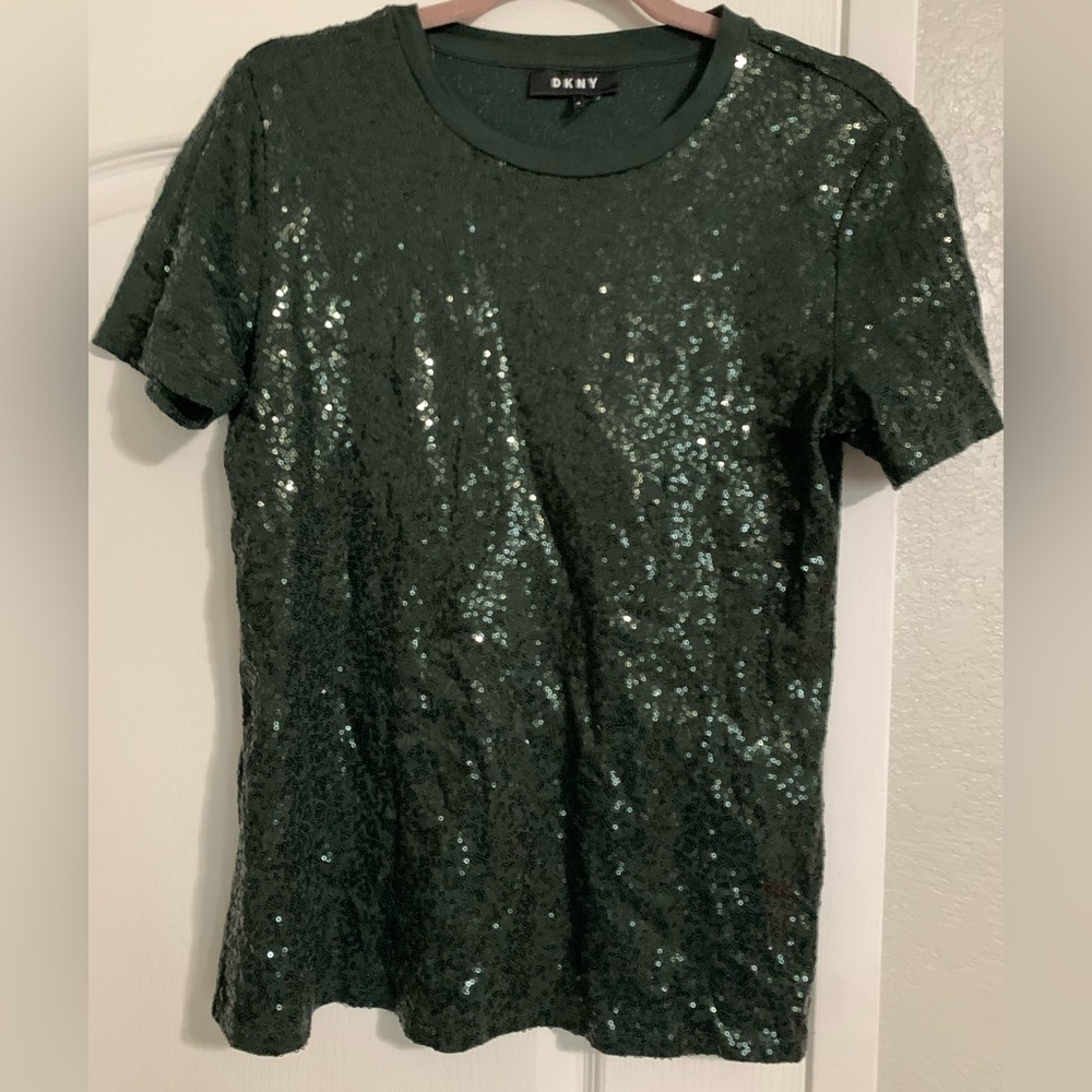 DKNY Dark Green Sequin Short Sleeve Top